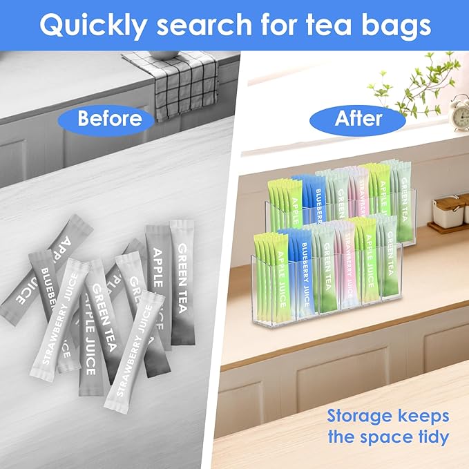 2Pcs Transparent Tea Packet Storage Container Plastic Coffee Packet Holder Organizer Clear Pantry Organizer Bin with 5 Removable Dividers