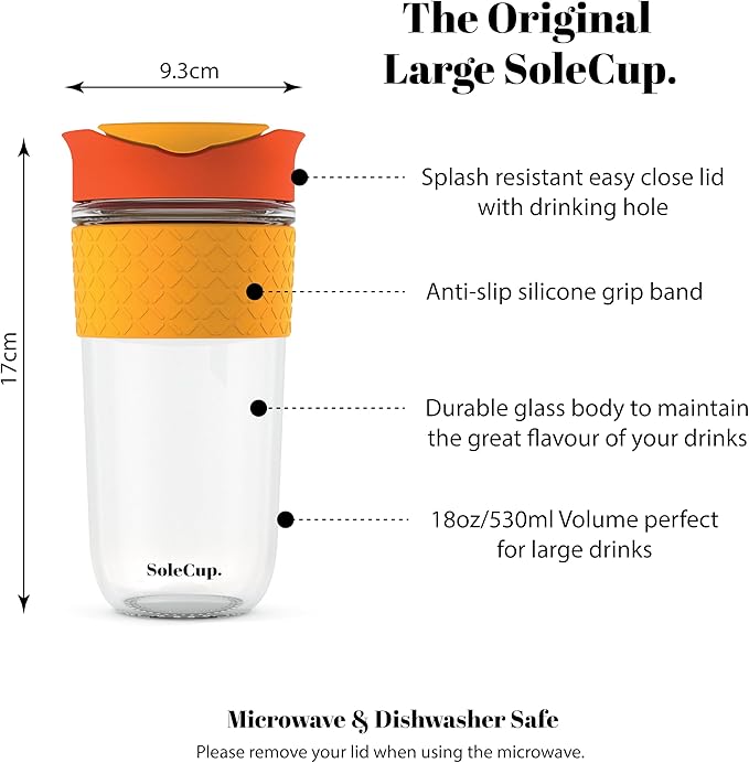 Large Travel Mug - Reusable Glass Coffee Mug - 18oz/530ml BPA-Free Hot Drink Travel Mug with Lid & Silicone Band (Red, 18oz)