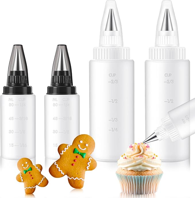 4 Pcs Plastic Squeeze Bottles for Cookie Icing Bottle Decorating Supplies Squeezing Applicator Writer for Food Coloring Frosting Pancake Arts (2 oz & 4 oz)