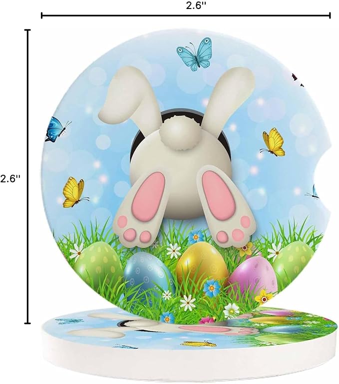 Small Car Coasters for Cup Holders 2.6" Dia Absorbent Coasters Set of 6 Car Interior Accessories for Women Men Watercolor Easter Bunny Butt in Grass Ceramic Car Coaster for Drinks with Finger Grooves