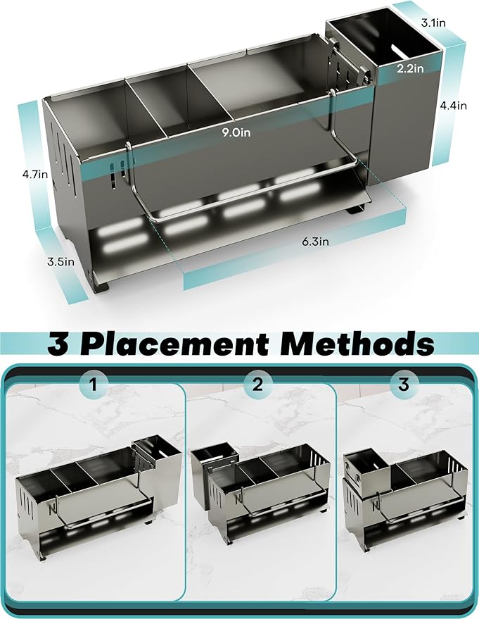 Kitchen Sink Caddy Organizer, Sponge Holder for Kitchen Sink with Upgraded Extra-Wide Drain Board, Efficient Drainage, Stainless Steel with Rust-Resistant Coating
