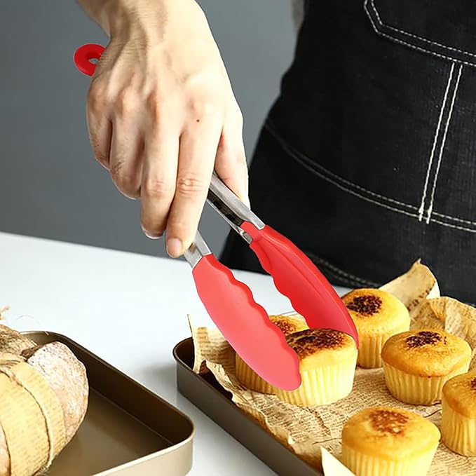 HINMAY 7-Inch Mini Silicone Tongs Small Serving Tongs for Appetizers, Set of 3 (Red)