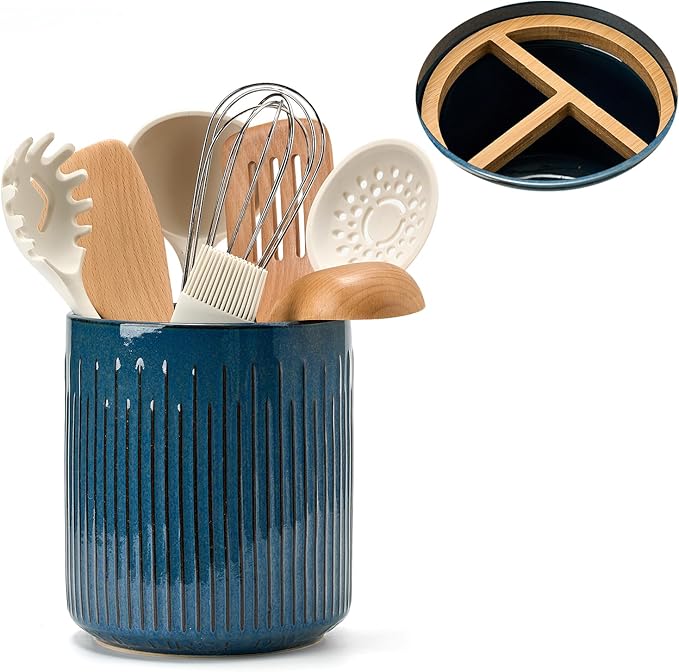 JIEMEI HOME Kitchen Utensil Holder, 7.2" Large Ceramic Stable Utensil Crock for Countertop, Utensil Holder with Cork Mat, Removable Bamboo Divider for Easy, Kitchen Decor, Blue