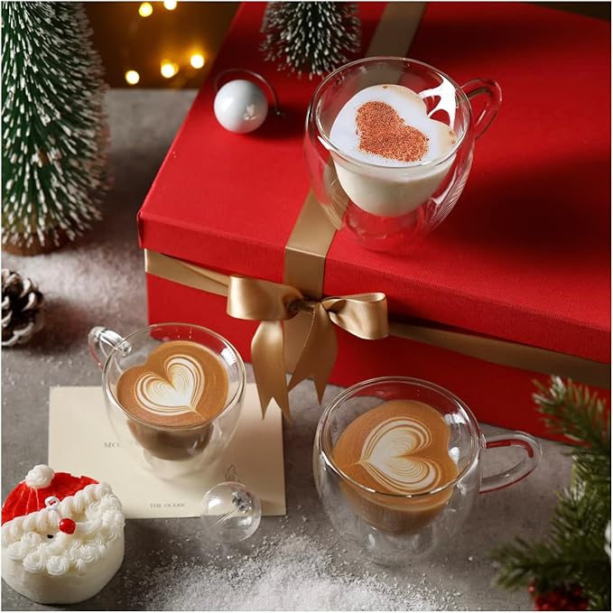 CNGLASS Double Wall Heart Shaped Glass Coffee Mugs 8.5oz,Insulated Clear Tea Cups with Handle,Unique Glass Espresso Mugs for Coffee,Cappuccino,Latte,Milk,Set of 2