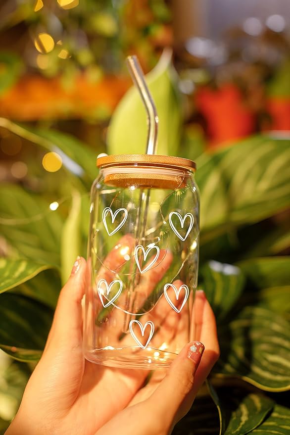 NewEleven Mother Day Gift For Her - Cute Glass Coffee Cups With Lids And Straw – Aesthetic Cups – Iced Coffee Cup, Coffees Tumbler – Gifts For Women, Friends, Coffee Lover - 16 Oz Coffee Glass