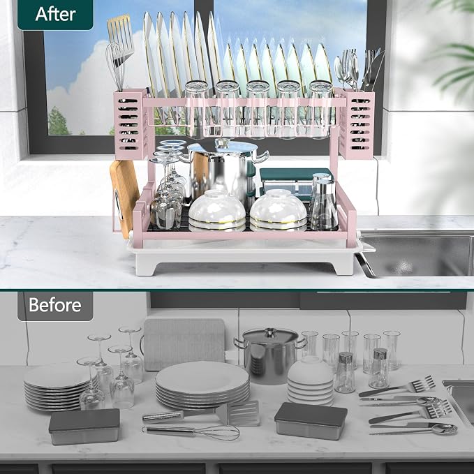B-Land Dish Drying Rack, 2 Tier Dish Racks for Kitchen Counter, Large Dish Drying Rack with Drainboard & Utensil Holders, Rust-Proof Dish Drainers,Kitchen Organization