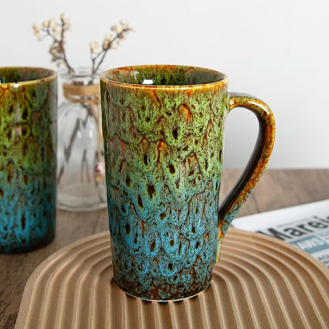 20oz Porcelain Coffee Mugs Set of 4, Large Tall Coffee Mugs with Handles, Modern Ceramic Coffee Cups for Tea, Cocoa, Milk, Gifts for Women Men - Green & Blue