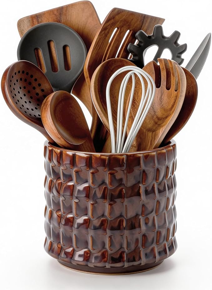 Utensil Crock Kitchen Utensil Holder, 5 Inches Small Ceramic Utensil Holder for Countertop, Unique Embossed Checkered Pattern, Cooking Utensil Crocks for Kitchen, Home Decor Gift 1 PC Plum Bronze