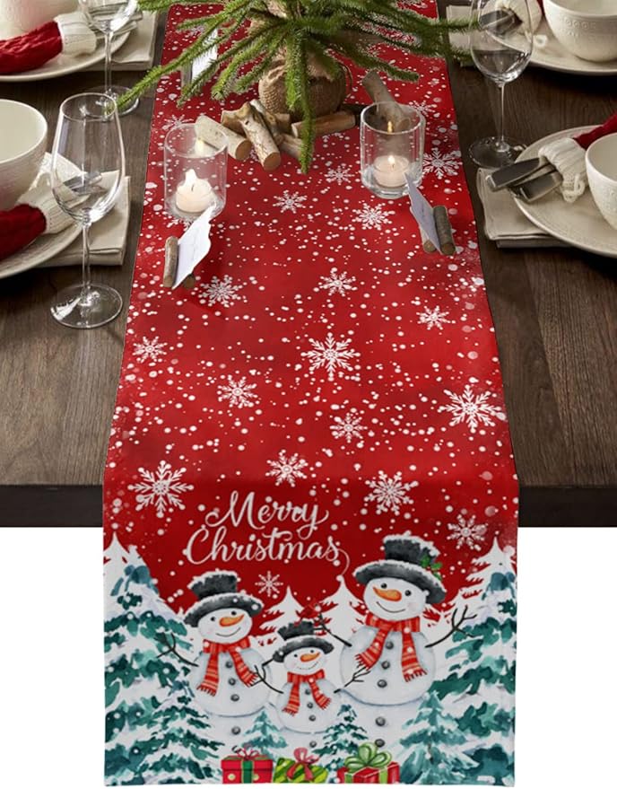 Christmas Table Runner - 36 Inch Long, Snowman Dining Tablerunner Xmas Tree Kitchen Dresser Scarves, Winter Snowflake Farmhouse Red Merry Christmas Decor for Coffee Table Wedding Party Banquet