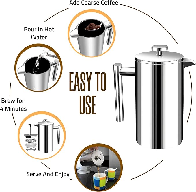 Utopia Kitchen 304 Grade Stainless Steel French Press 12 Oz, Silver | Double Wall Insulated Coffee Press with 4-Level Filtration System, Include 2 Extra Filters, Rust-Free, Dishwasher Safe
