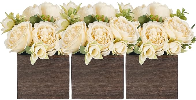 Dahey Small Flower Centerpieces for Tables Set of 3 Artificial Flowers with Wooden Vase Farmhouse Table Decor for Dinning Living Room Kitchen Wedding Party Office Home Decoration