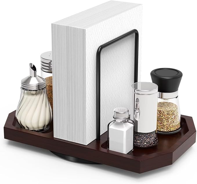 Napkin Holder for Table, Rotating Napkin Dispenser with Salt and Pepper Shakers Storage, Standing Paper Napkin Organizer for Kitchen Dining Table Decor (1, Brown)