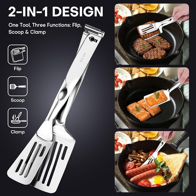2-in-1 Spatula Tongs, 11.8 Inch 304 Stainless Steel Kitchen Tongs for 12 Inch Cooking Use, Detachable Metal Tongs with Oil Drain Holes for Grilling Frying Steak
