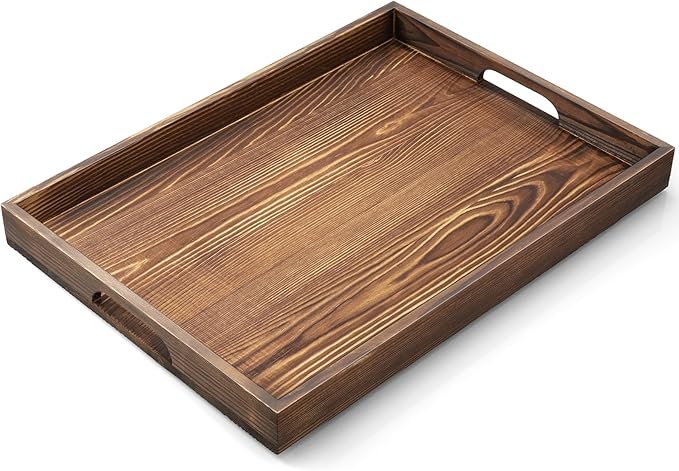 17 Inch Burnt Wood Serving Tray with Handles - Large Wooden Tray for Ottoman, Breakfast in Bed, Dinner, Coffee Table - Decorative Brown Rectangular Tray for Living Room Entryway and Kitchen Decor