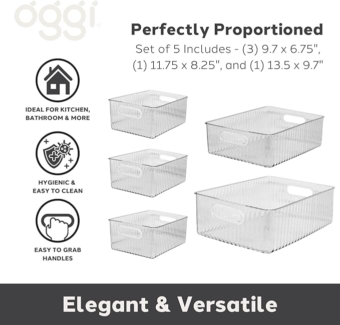 Oggi Set of 5 Clear Fluted Storage Bins with Handle - Durable Plastic Organizers for Fridge, Pantry, Cabinets & Countertop, Modern Farmhouse Style, 5 Sizes for Kitchen Organization and Storage