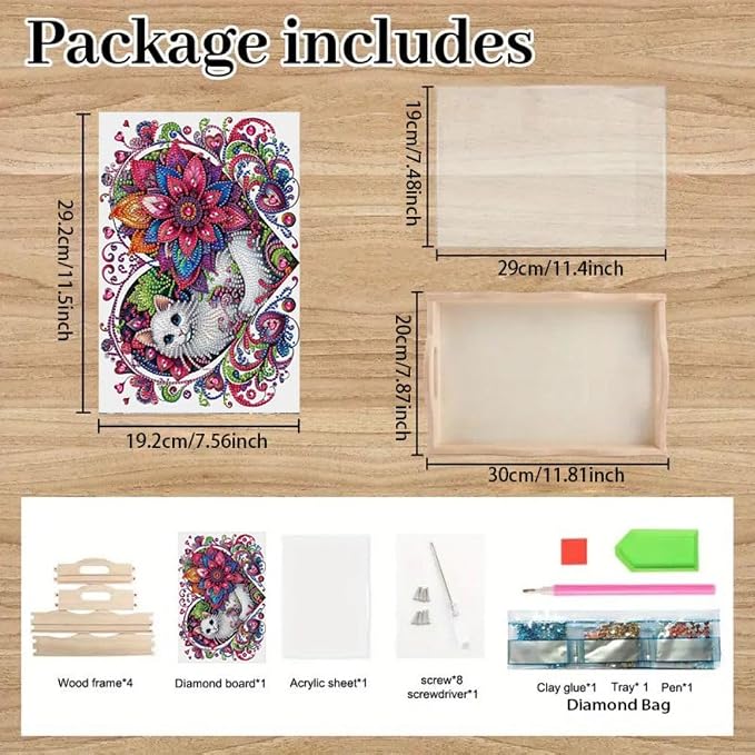 DIY Diamond Serving Tray Rectangular Breakfast Tray with Handle Handmade Diamond Art Painting Wooden Tray for Dinner Plate Coffee Room Living Home Organizer-Cat01