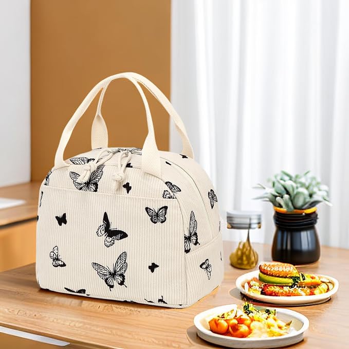 LEDAOU Lunch Box for Women Insulated Lunch Bag Corduroy Lunch Tote Bags Leakproof Cooler Lunch Case for Travel Work Picnic (Corduroy Beige-Butterfly)