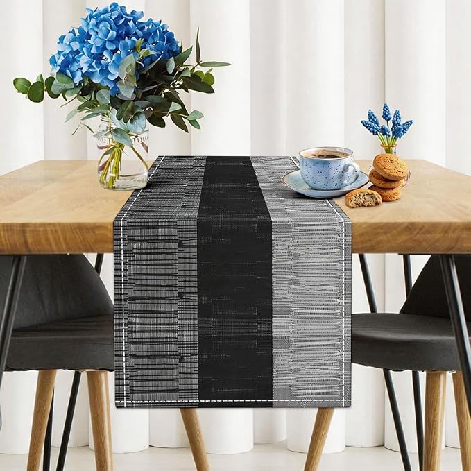 Niviy Black Grey Boho Table Runner, 12x72 Inch Washable Easy to Clean Farmhouse Indoor Outdoor Table Runner for Holiday Party Kitchen Dining Room Decoration