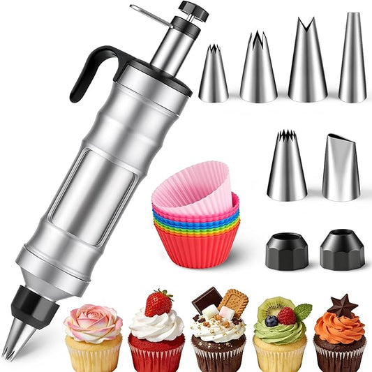 Dessert Decorating Syringe Set - Cupcake Icing Piping Kit, Cupcake Frosting Filling Injector with 6 Piping Icing Nozzles, 9 Silicone Cupcakes for Cake, Cupcakes, Cookie (18Pcs-Black)