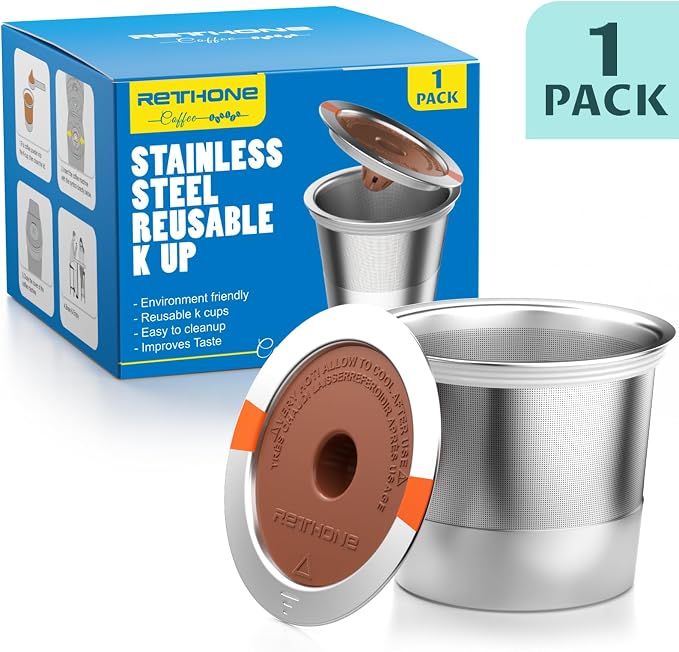 RETHONE K Cup Reusable Coffee Pods, Stainless Steel Reusable K Cups Compatible with Keurig 1.0 & 2.0 Coffee Machines Brewers Refillable K Cups (1 Pack)