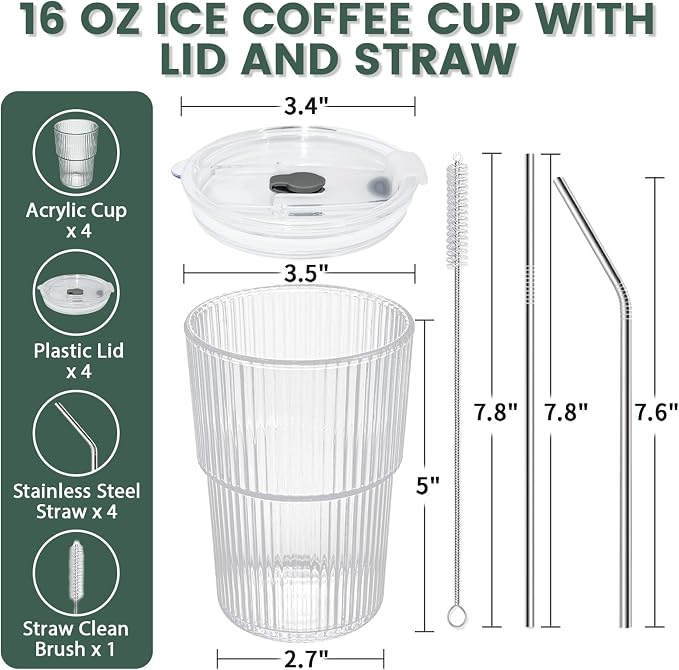 HIGIINC Iced Coffee Cups With Lids and Straws 4 Pcs, 16 OZ Unbreakable Glasses Drinking Set,Clear Plastic Cups Reusable Iced Coffee Tumbler with Lid and Straw, To Go Coffee Cups Dishwasher Safe