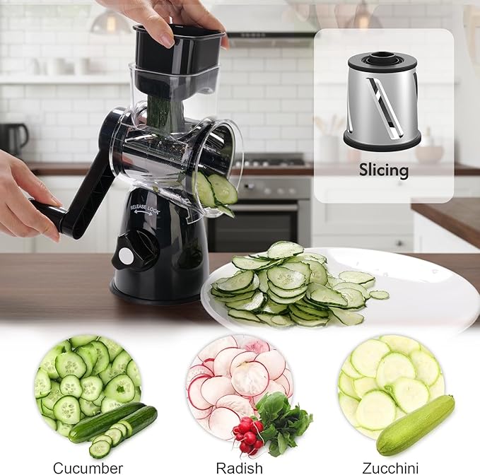 Rotary Cheese Grater 3-in-1 and Shredder with Hand Crank - for Cheese, Vegetables & Nuts, Non-Slip Suction Cup Base, Food Grade, Black