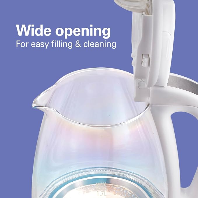 Hamilton Beach 1.7L Electric Tea Kettle, Water Boiler & Heater, LED Indicator, Built-In Mesh Filter, Auto-Shutoff & Boil-Dry Protection, Cordless Serving, Iridescent Clear Glass (41055)