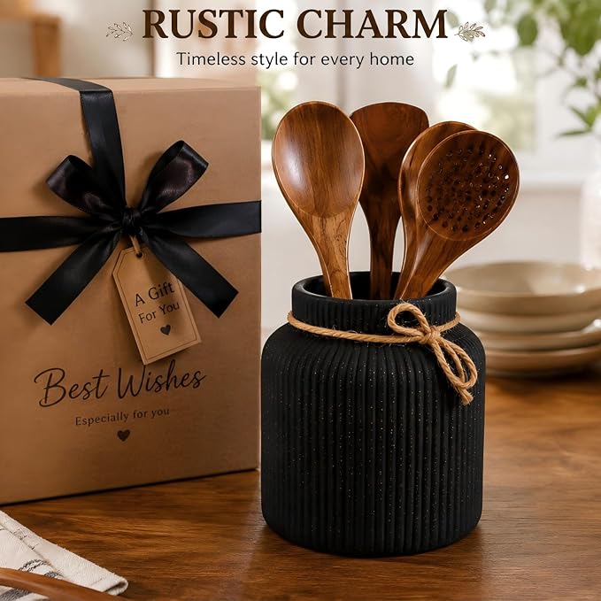 Farmhouse Ceramic Kitchen Utensil Holder for Countertop,Retro Country-Style Vertical-Striped Hemp Rope Design,Modern Kitchen Counter Organizer for Cooking Utensils ,Kitchen Decor & Decorative Vase
