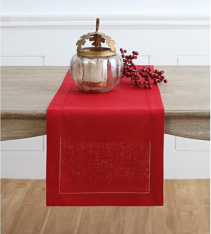 Solino Home Linen Red Table Runner 108 Inches Long - 100% Pure Linen 14 x 108 Inch Table Runner for 4th of July - Classic Hemstitch