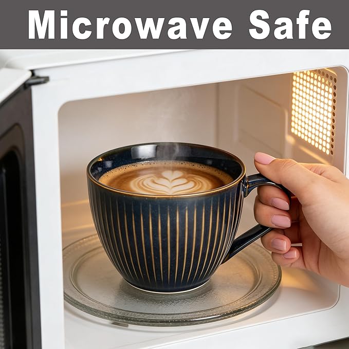 Ceramic Large Coffee Mugs with Handles, 24 oz Coffee Cups, Large Soup Mugs for Hot Chocolate, Cappuccino, Ramen, Oatmeal, Soup Mugs with Handles, Dishwasher and Microwave Safe((Vertical Stripe Blue)