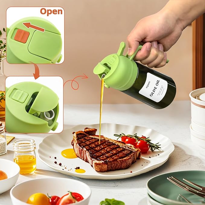 mqnxoi Oil Sprayer for Cooking, 2 in 1 Olive Oil Dispenser Bottle for Kitchen, 16oz/470ml Premium Glass, Food-grade Oil Mister for Air Fryer, Salad, Frying, BBQ (Black + Dark Green Bottle)