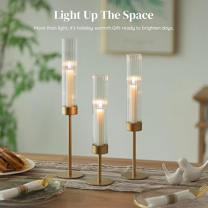 Glasseam Tapered Gold Candlestick Holders: 6 Pcs Tall Brass Taper Candle Holder with Ribbed Glass Cylinder - Hurricane Fluted Candle Holders for Table Centerpiece Wedding Party Christmas Decorations