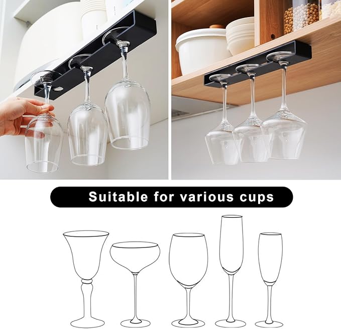 Wine Glass Holder, 2 Pack, No Drilling Required, Hanging Stemware Rack Organizer for Bar Cabinet Kitchen, Black