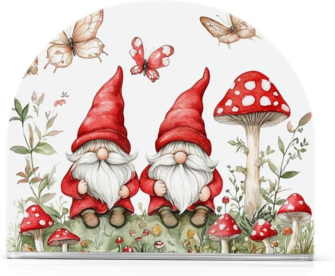 Fustylead Cute Red Gnomes with Mushroom Butterflies Napkin Holder for Table Acrylic Cocktail Napkin Holders Small Decorative Napkin Dispenser for Home Party Holiday Dining Kitchen Accessories