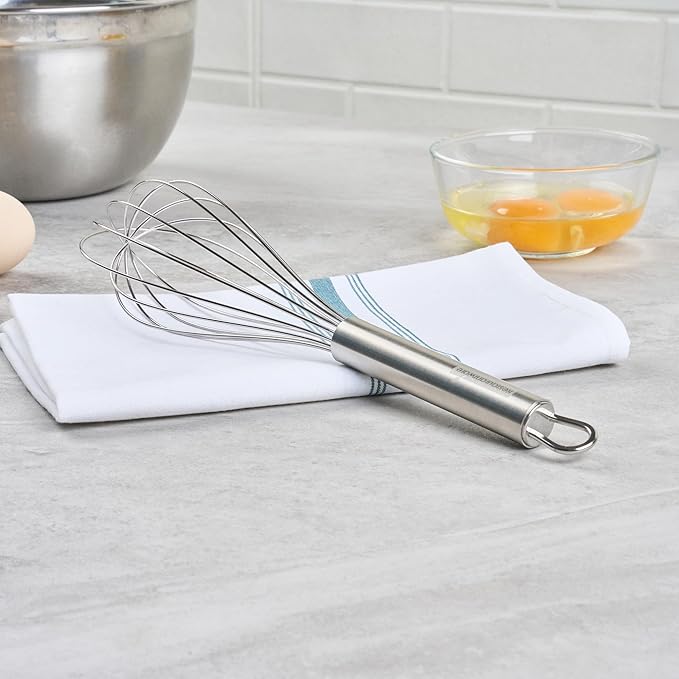 Restaurantware 11 in Stainless Steel Wire Whisk - German Standard Kitchen Balloon Whisk with Ergonomic Handle, Dishwasher Safe - Durable French Whisk for Cooking, Mixing Thick Batter and Sauce
