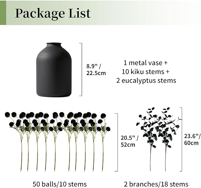 BLOSMON Black Flowers Artificial for Table: Metal Vase with 12 Stems of Fake Mums Eucalyptuses Centerpieces for Dining Room - Faux Silk Pom Poms Floral Arrangements Black Kitchen Home Decor Indoor