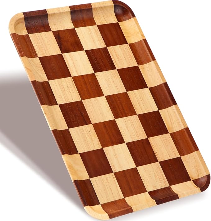 Threehoney Medium Acacia Wood Checkered Serving Tray 11.8" x 7.9" x 0.7" Rectangular Decorative Wooden Tray Wood Modern Serving Platter Kitchen Gift for Food Snack Coffee Table Decor