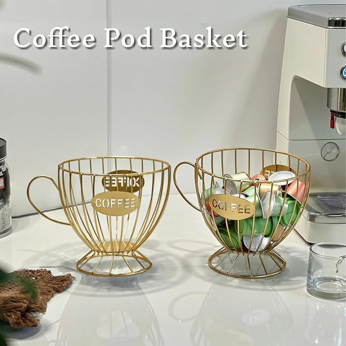 Metal Coffee Pod Holder Wire Coffee Pods Storage Basket Espresso Capsule Storage for Home Kitchen Cafe Hotel (Gold cup)