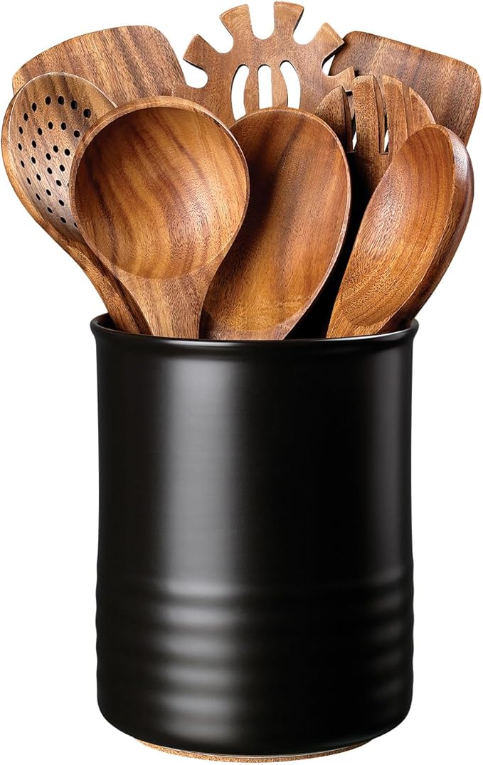 ABRUTY Utensil Holder, 6.7" Ceramic Kitchen Utensil Crock for Countertop Cooking, Modern Utensil Caddy Jar Organizer for Farmhouse Kitchen Counter Décor, Matte Black
