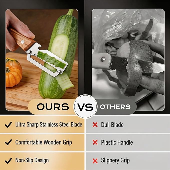 2 PCS Multifunctional Vegetable Peelers for Kitchen, 2026 Upgraded Stainless Steel Peeler with Bottle Opener, Wooden Handle,Julienne Cutter, 2-in-1 Non-Slip Kitchen Tool for Potato, Carrot, Fruits