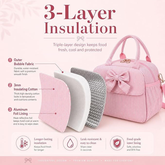 LEDAOU Lunch Box for Women, Insulated Lunch Bag for Women, Cute Small Pink Lunch Tote Bag for Work with Bow, Lunch Purse with Shoulder Strap, Reusable Lunchbox for Office, Teacher, Nurse