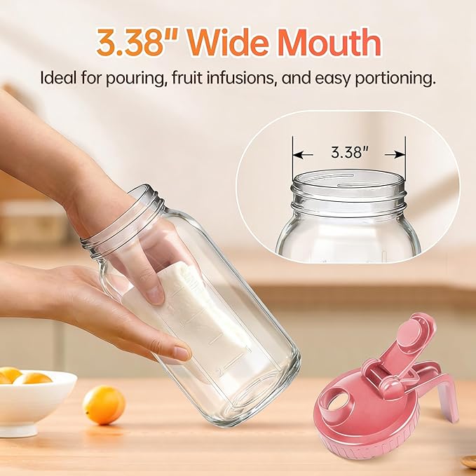 64oz Glass Pitcher with Lid & Spout – 2 Quart Mason Jars, Airtight & Leakproof Breastmilk Pitcher for Cold Brew Coffee, Sun Tea, Water, Juice – Wide Mouth, Fridge Safe