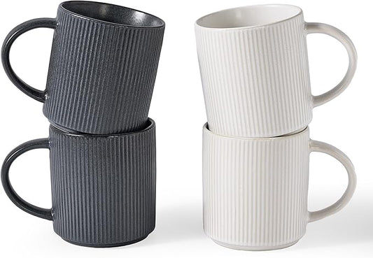 famiware Coffee Mug Set for 4, Star 16 oz Catering Mugs Cup Set with Handle for Coffee, Tea, Cocoa, Milk - Ceramic Stoneware Drinkware Set, Matte White + Matte Black