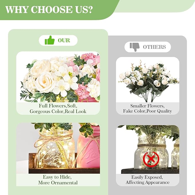 BLEUM CADE Centerpiece Table Decorations - Mason Jar Lights Centerpiece for Kitchen Dining Table Farmhouse Coffee Table Wedding Home Decor with 3 Jars Roses Artificial Flowers & Wood Tray