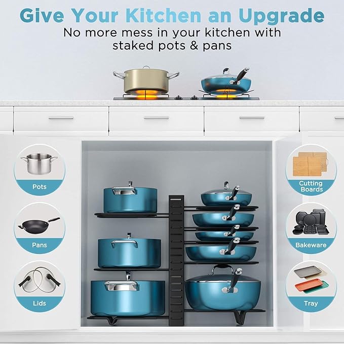 ORDORA Pots and Pans Organizer for Cabinet 16.61 Height 2 Pack, 8 Tier Pot Organizers Rack with 3 DIY Methods, Adjustable Pan Organizer under Cabinet Kitchen Organization and Storage