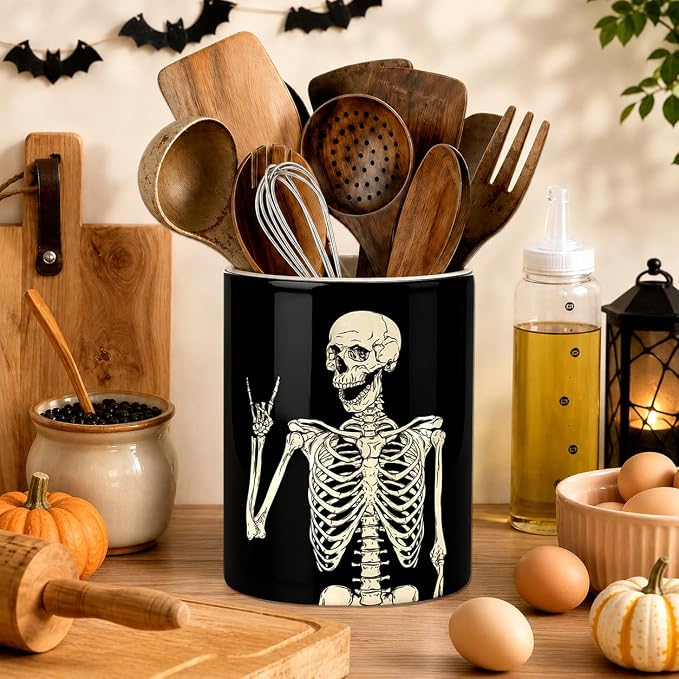 Halloween Kitchen Utensil Holder, Funny Skull Ceramic Utensil Holder , Cooking Utensil Crocks for Kitchen Countertop, Kitchen Decorations Rustic Farmhouse Decor