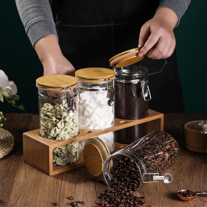 Glass Coffee Storage Container with Bamboo Shelf, 3PCS 49oz Airtight Sealed Coffee Bean Jar with Clamp Lid & Measuring Spoon, Kitchen Pantry Canister Set for Ground Coffee Sugar Tea Flour