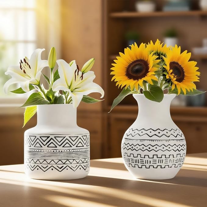 Handcrafted Ceramic Vase Set of 2 — Geometric Boho Farmhouse Flower Vase Centerpiece for Kitchen/Home Decor/Living Room, Ceramic Kitchen Utensil Holder for Countertop