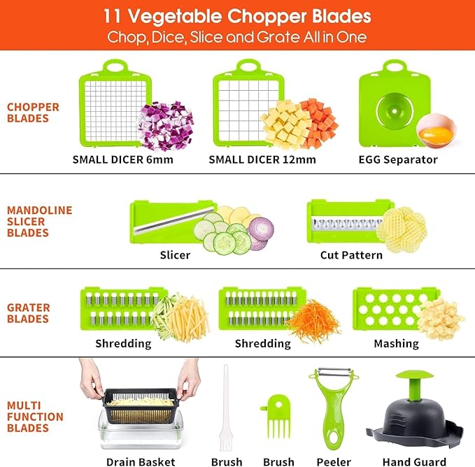 Vegetable Chopper: 16 in 1 Food Chopper - Onion Vegetable Slicer Cutter Dicer, Veggie Cutter with Container, 7 Blades, Kitchen Gadgets for Carrot Salad Garlic Potato Slicer (Grey)