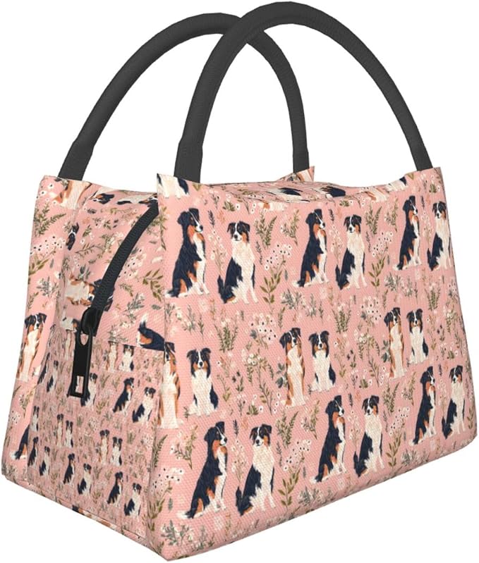Australian Shepherd Insulated Lunch Box for Girls Pet Lovers,Reusable Tote Bag with Cute Dog and Floral Pink,Portable Lunchbox Handbag,Makeup Bags Organizer Gifts for Work Office,11x6.3x6.7in